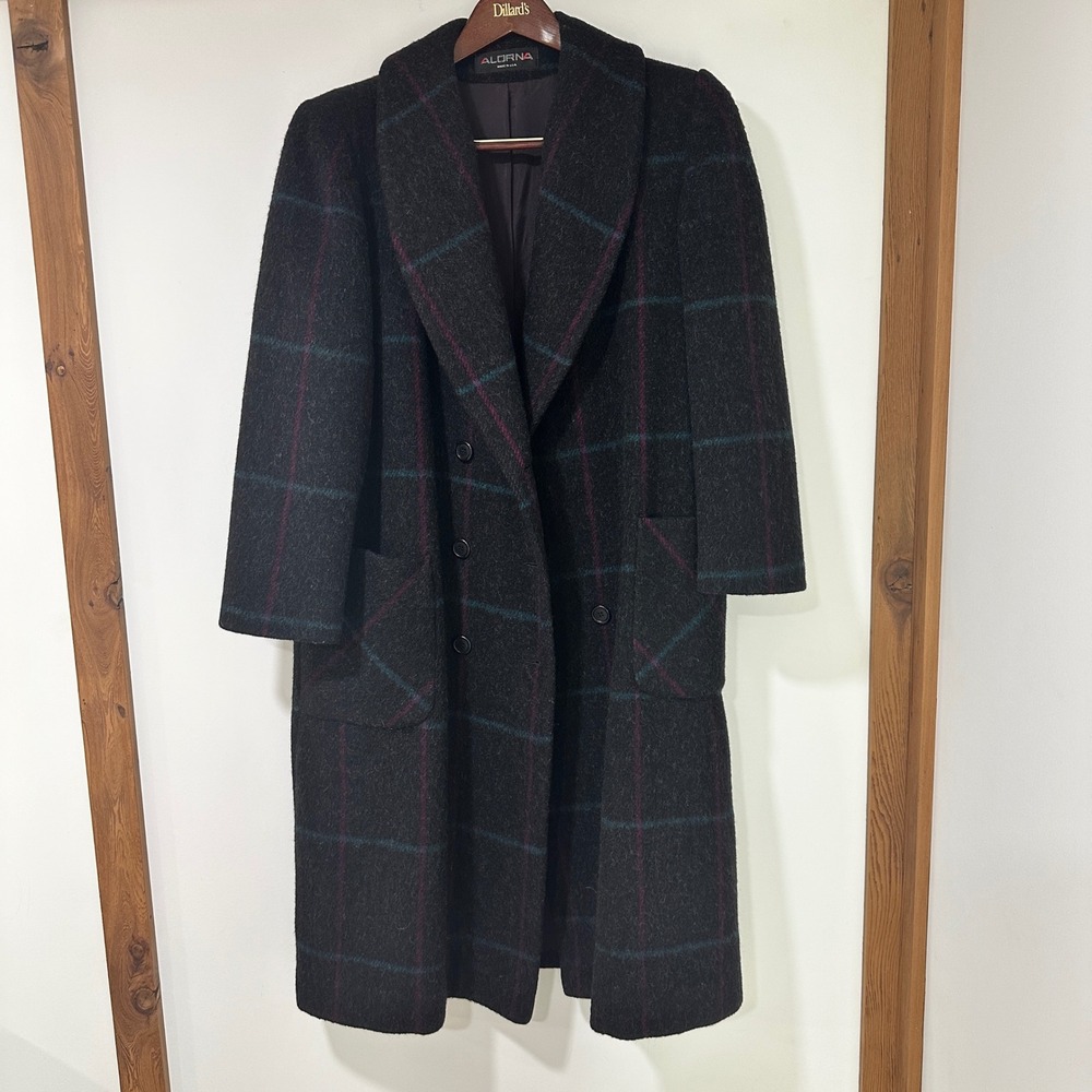 Vintage Alorna Wool Plaid Coat Women XL Long Double Breasted USA